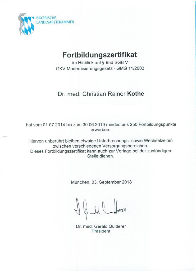 Forbildungszertifikat: Dr. med. Christian Kothe hat von 2014 bis 2019 mindestens 250 Fortbildungspunkte erhalten.