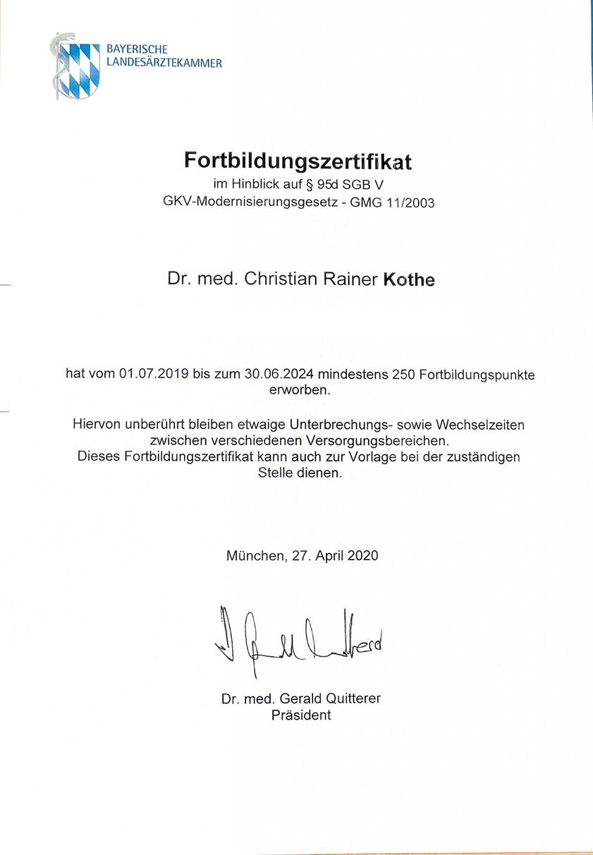 Forbildungszertifikat: Dr. med. Christian Kothe hat von 2019 bis 2024 mindestens 250 Fortbildungspunkte erhalten.