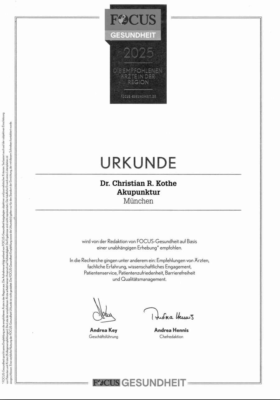 Zertifikat von Focus Gesundheit für Akupunktur