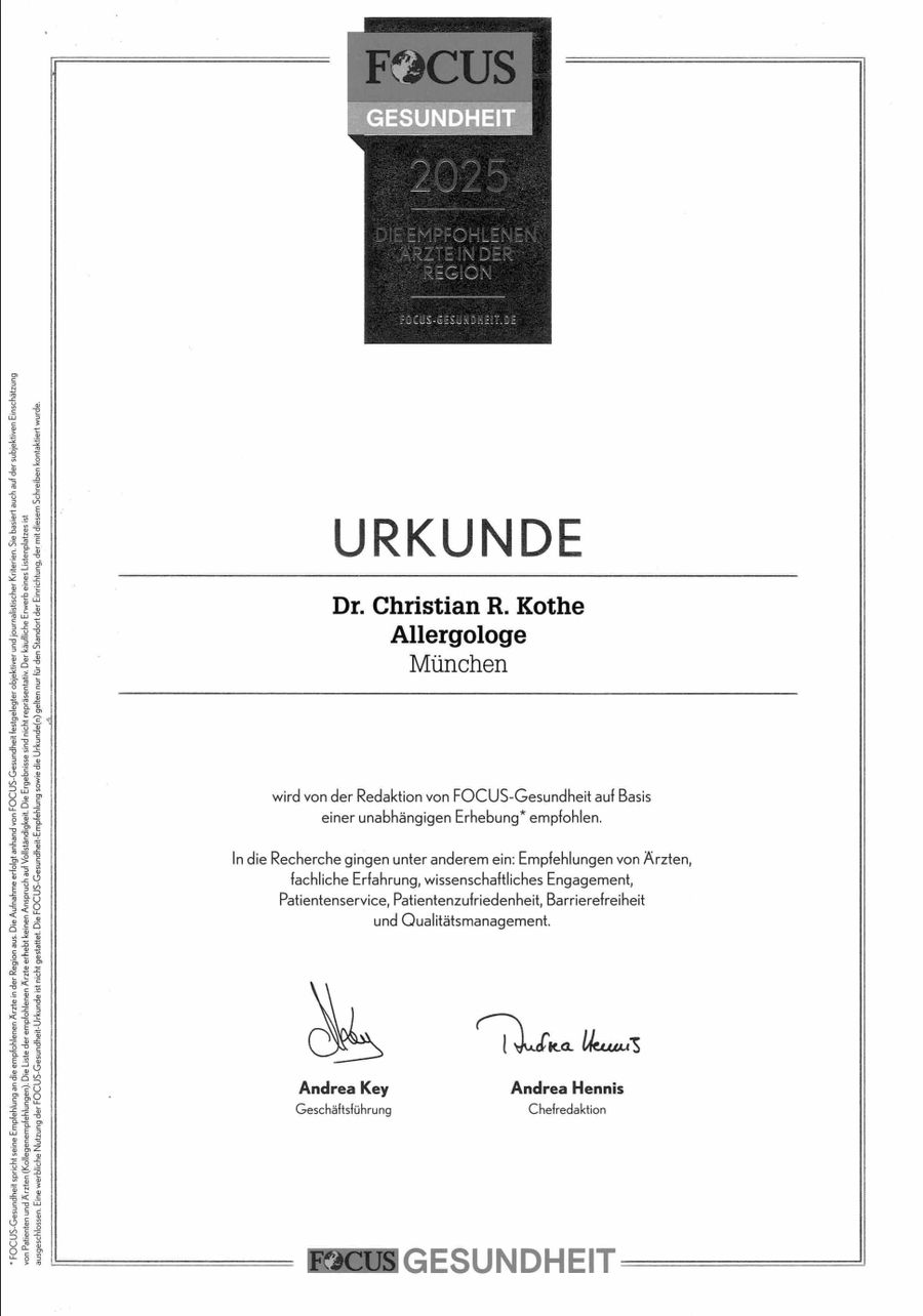 Zertifikat von Focus Gesundheit für Allergologie