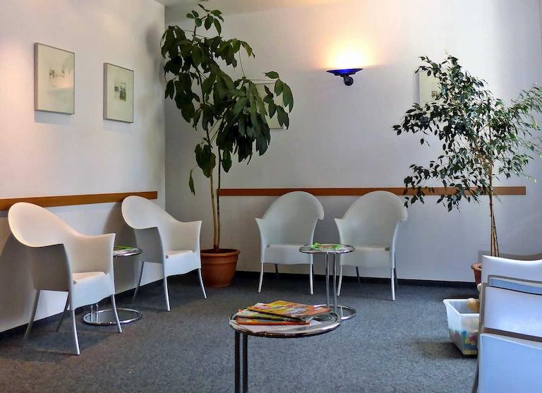 Foto des Wartezimmers der Praxis. Stühle, Pflanzen und Magazine.